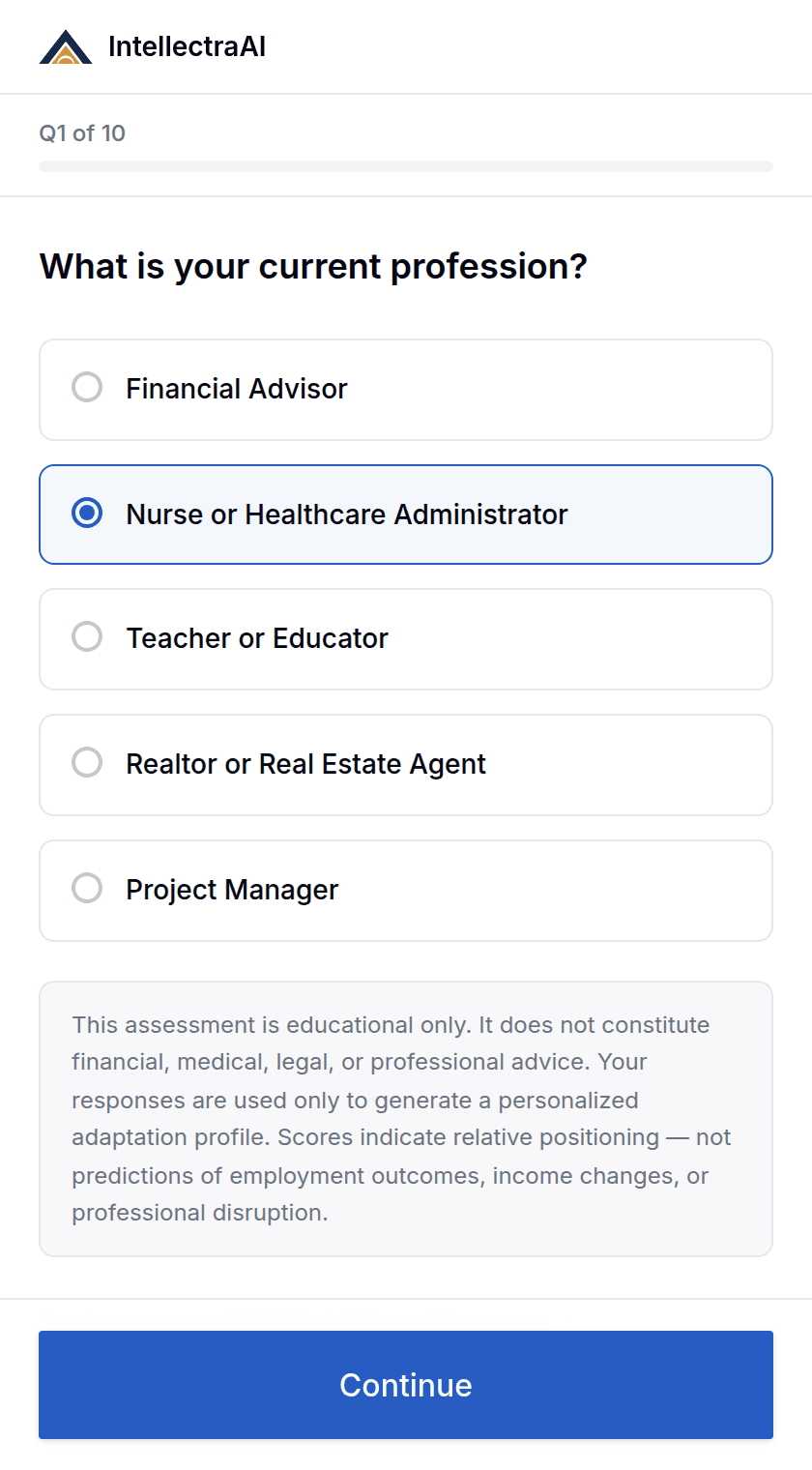 IntellectraAI assessment, question 1 of 10: "What is your current profession?" with Nurse or Healthcare Administrator selected.